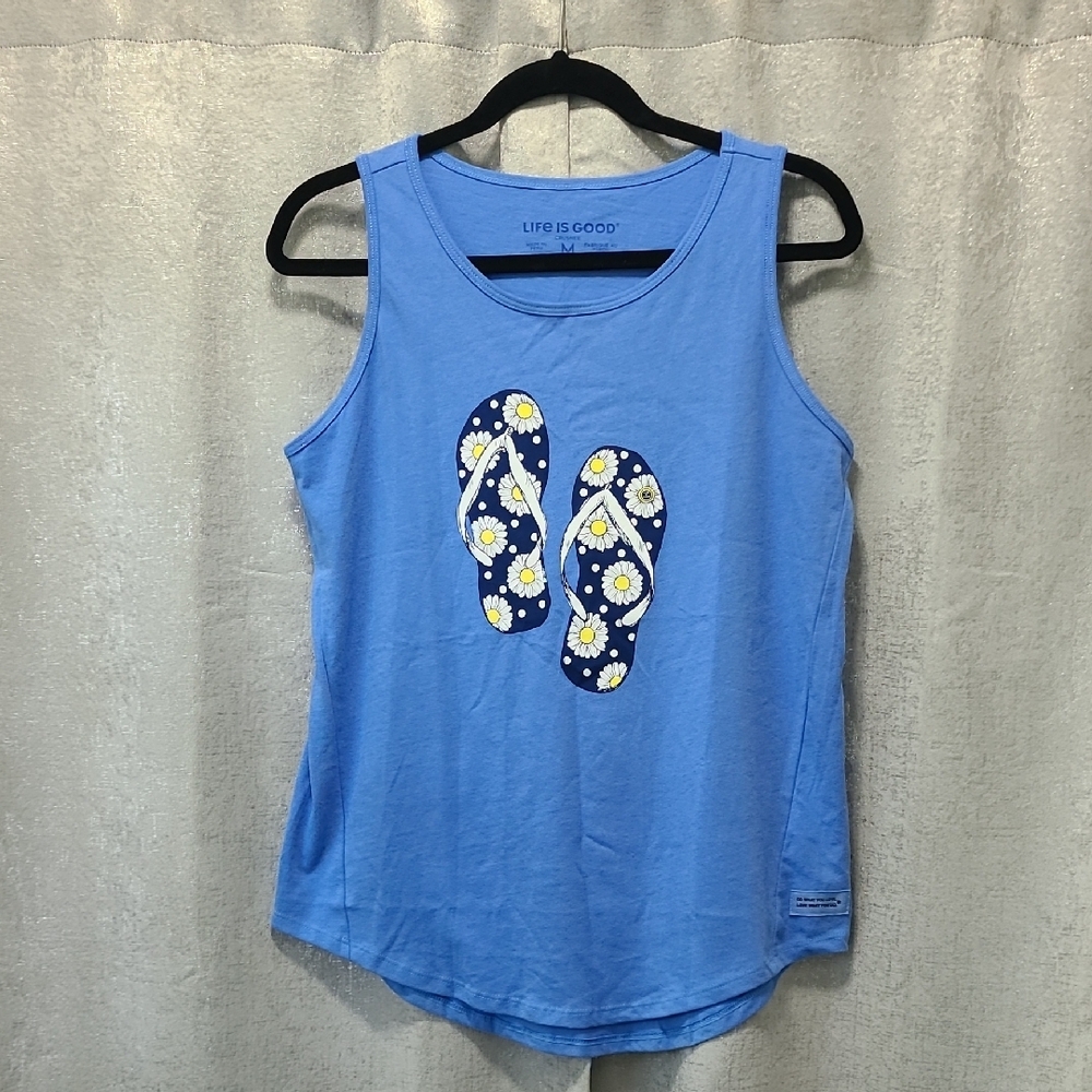 Life Is Good Blue Tank‎ with Floral Flip Flops